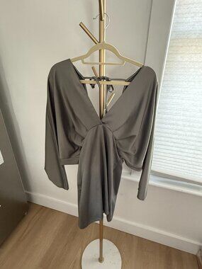 Zara Olive Grey Satin Plunging V-Neck Long Sleeve Mini Dress